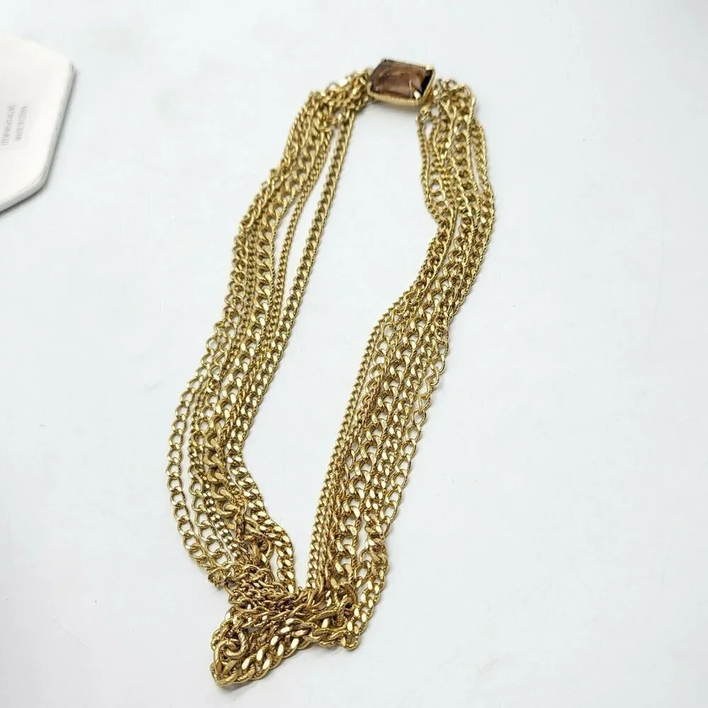 Heavy Faceted Topaz Glass Rhinestone Multi-Strand Chain Link Necklace Vintage